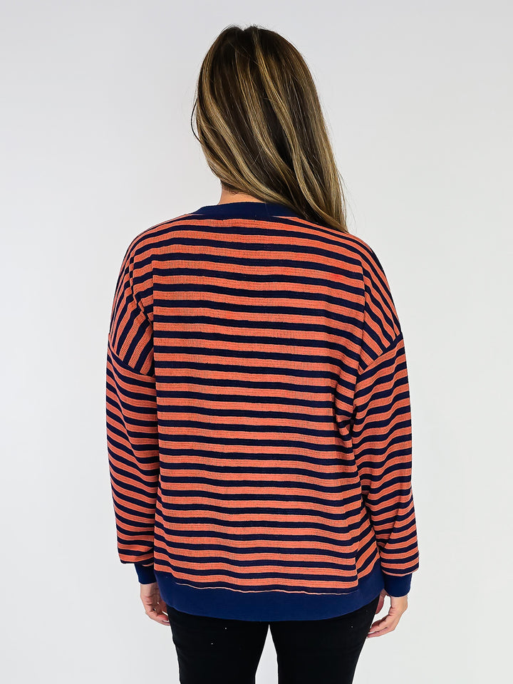 STRIPED CLOUDY KNIT L/S TOP - NAVY/MAUVE