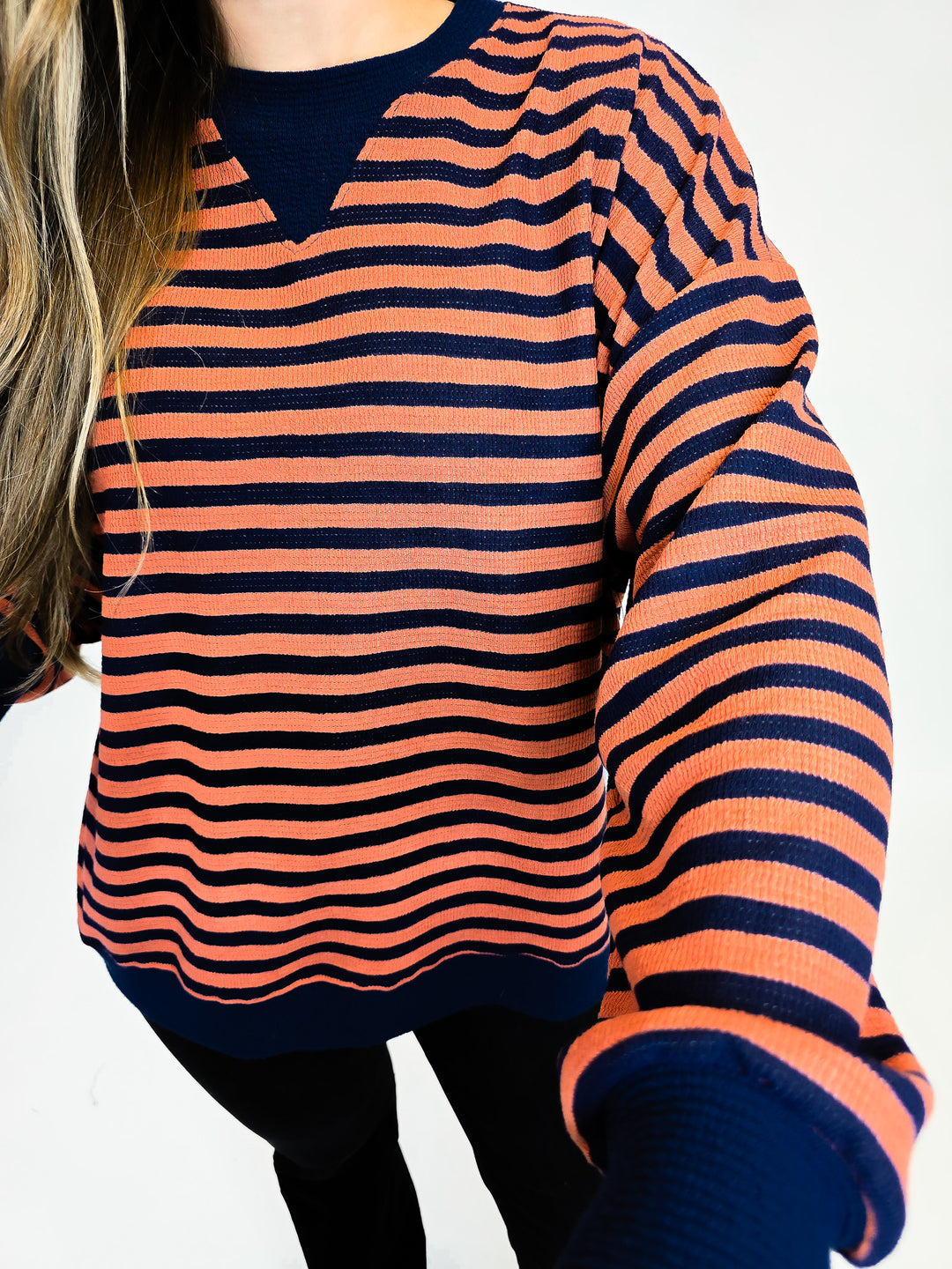 STRIPED CLOUDY KNIT L/S TOP - NAVY/MAUVE