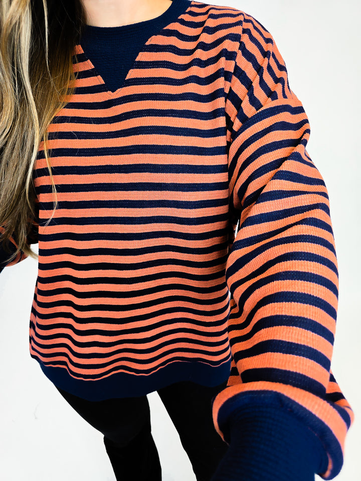 STRIPED CLOUDY KNIT L/S TOP - NAVY/MAUVE