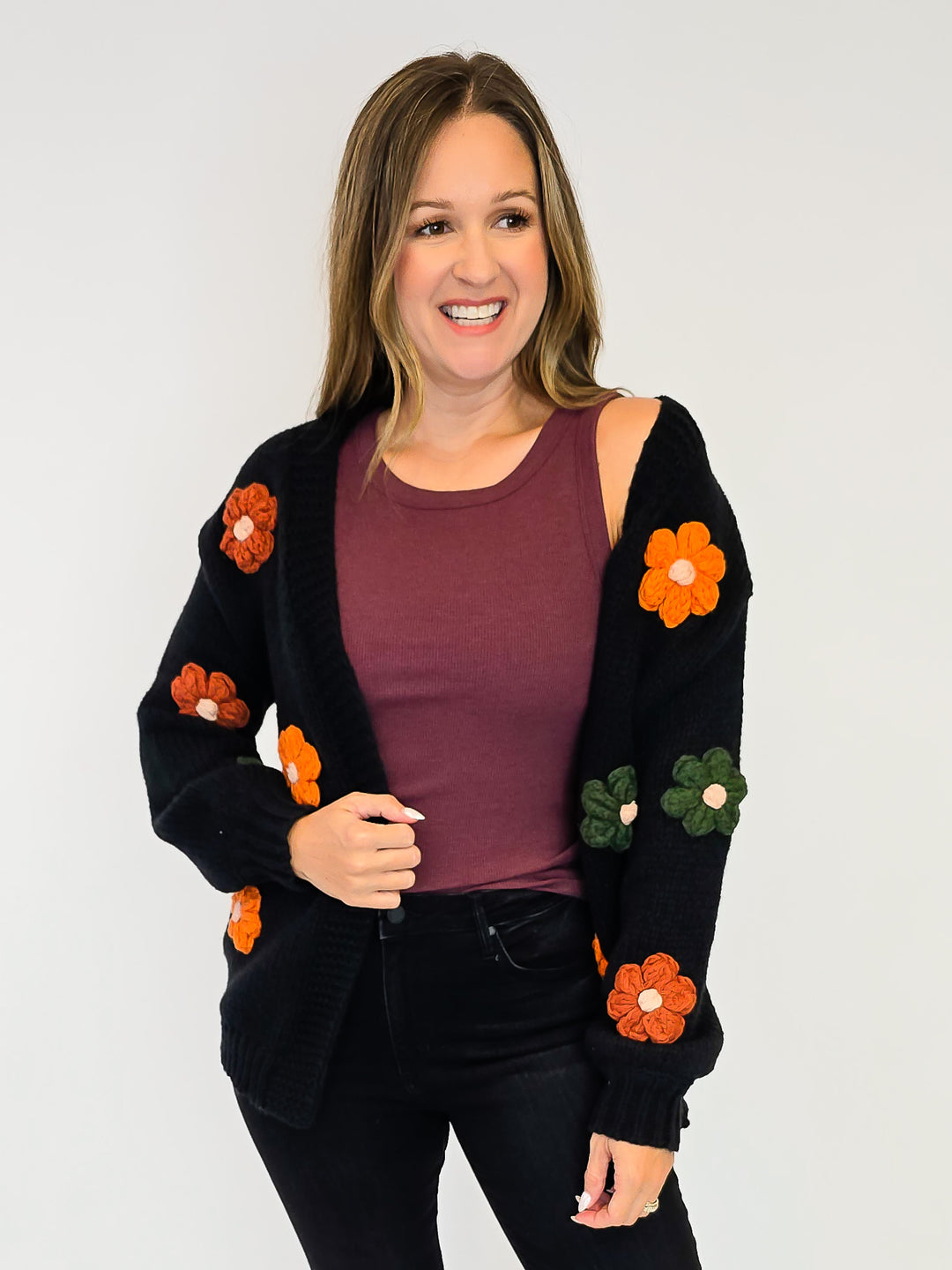 CROCHET POP FLORAL OPEN FRONT CARDIGAN - BLACK