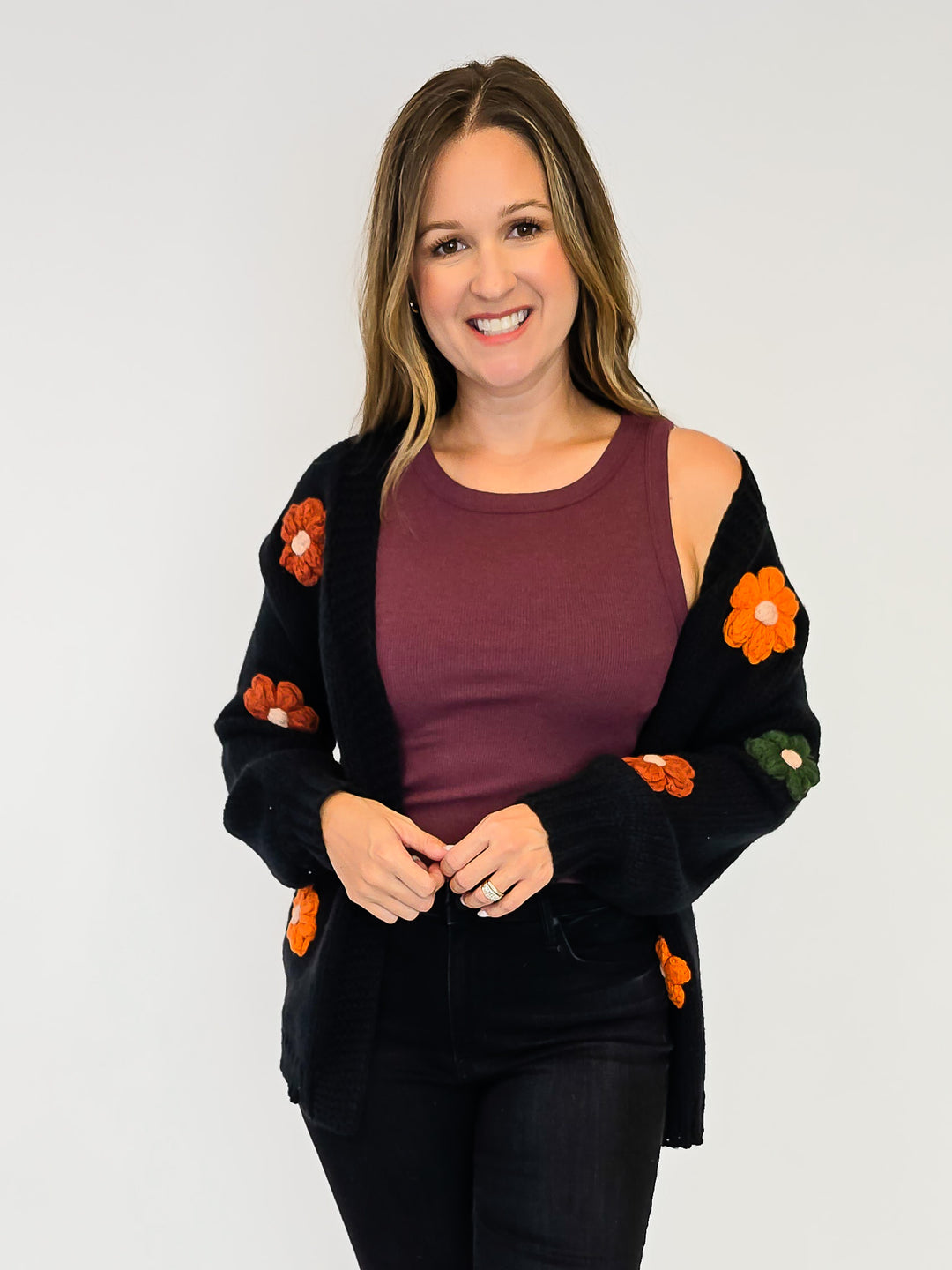 CROCHET POP FLORAL OPEN FRONT CARDIGAN - BLACK