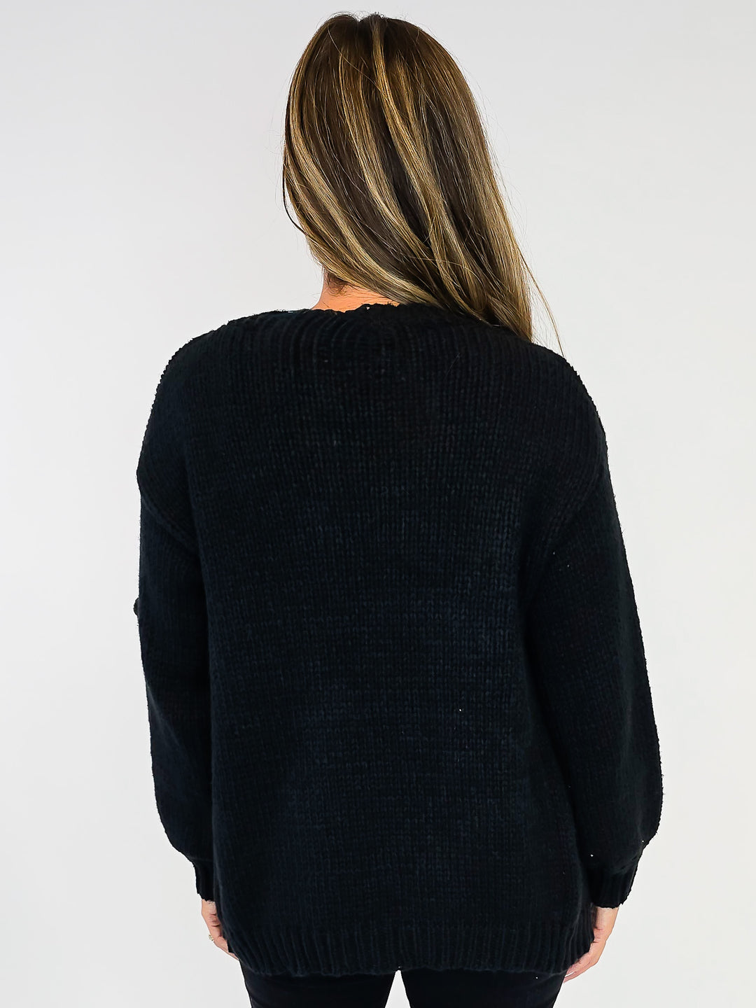 CROCHET POP FLORAL OPEN FRONT CARDIGAN - BLACK
