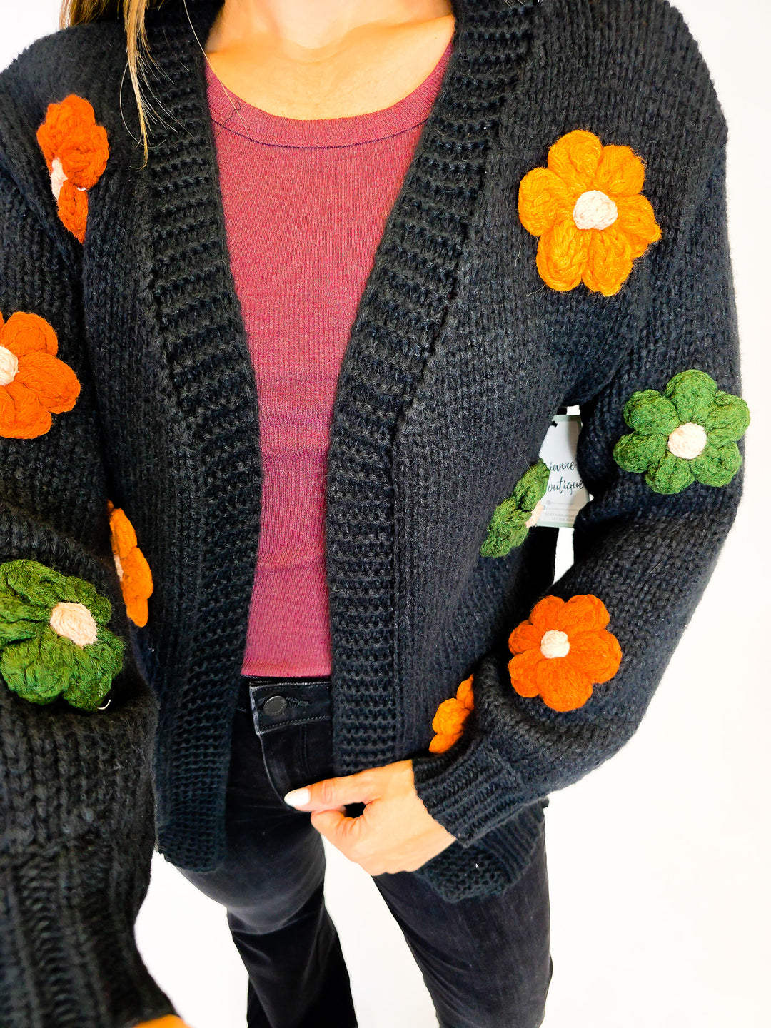 CROCHET POP FLORAL OPEN FRONT CARDIGAN - BLACK