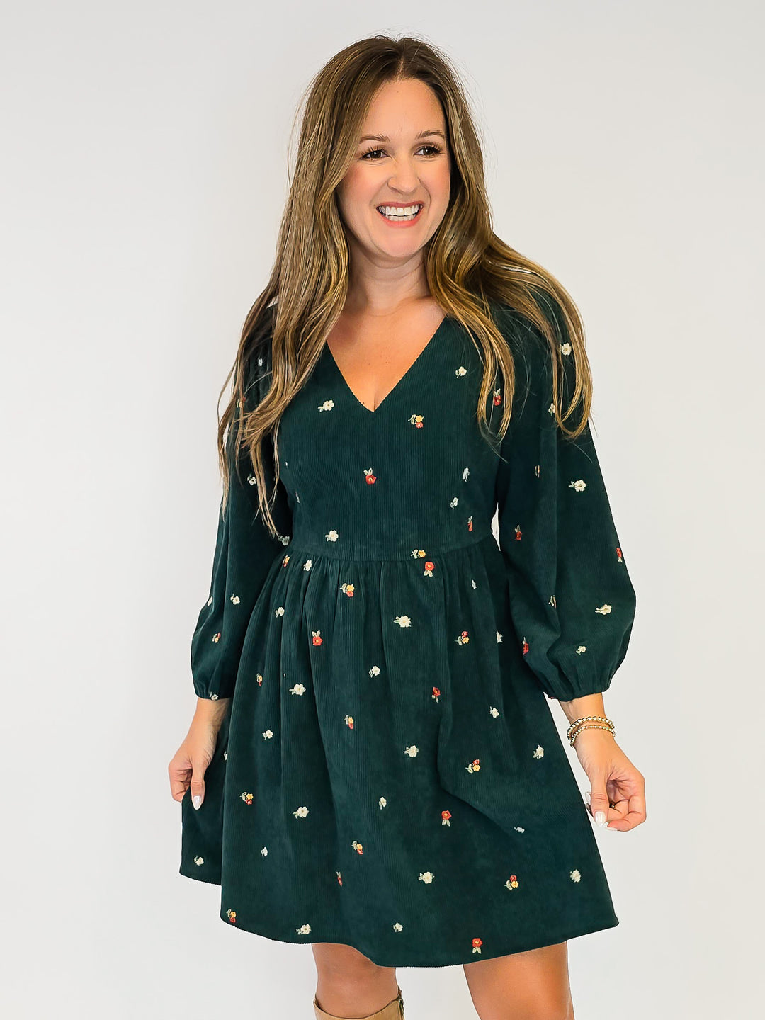 EMBROIDERED CORDUROY SHORT DRESS - HUNTER GREEN