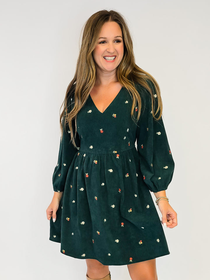 EMBROIDERED CORDUROY SHORT DRESS - HUNTER GREEN