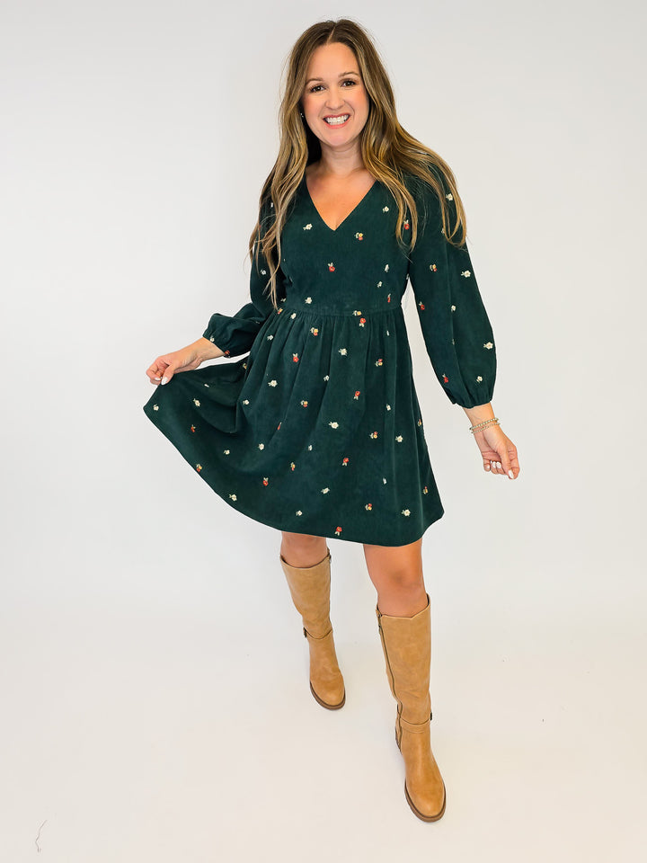 EMBROIDERED CORDUROY SHORT DRESS - HUNTER GREEN