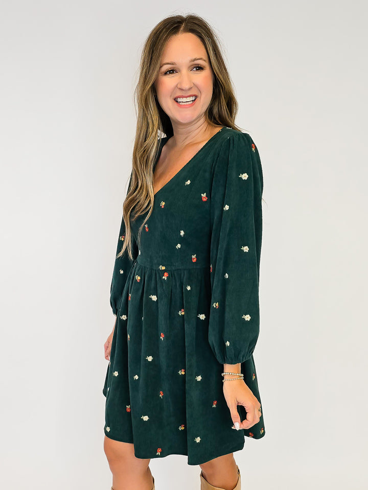 EMBROIDERED CORDUROY SHORT DRESS - HUNTER GREEN