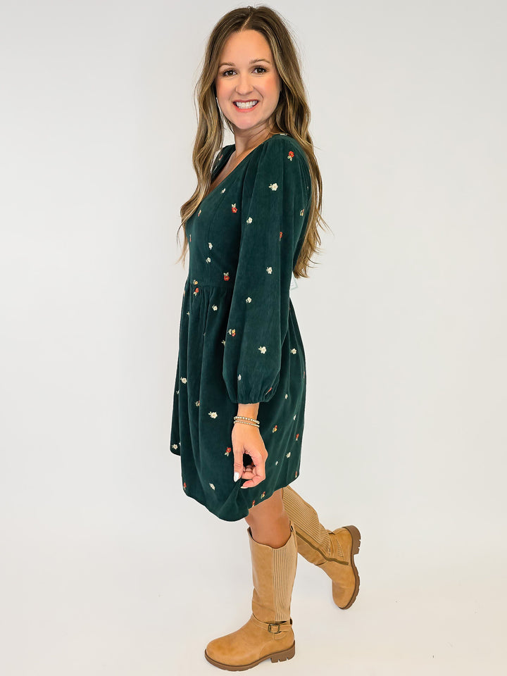 EMBROIDERED CORDUROY SHORT DRESS - HUNTER GREEN