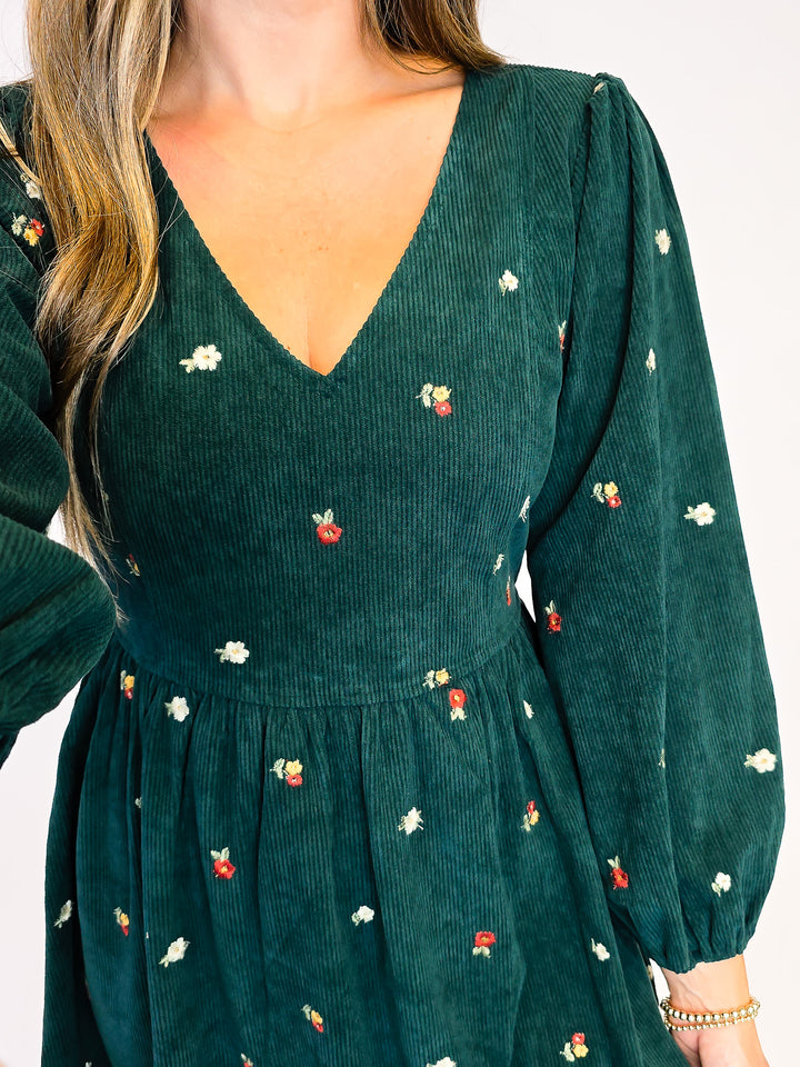 EMBROIDERED CORDUROY SHORT DRESS - HUNTER GREEN