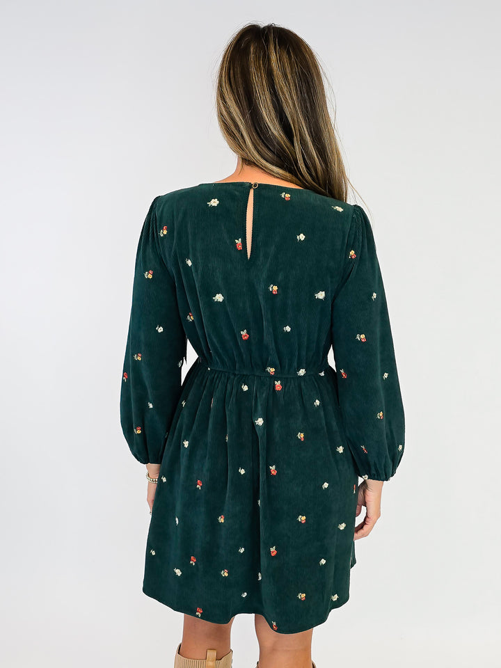 EMBROIDERED CORDUROY SHORT DRESS - HUNTER GREEN