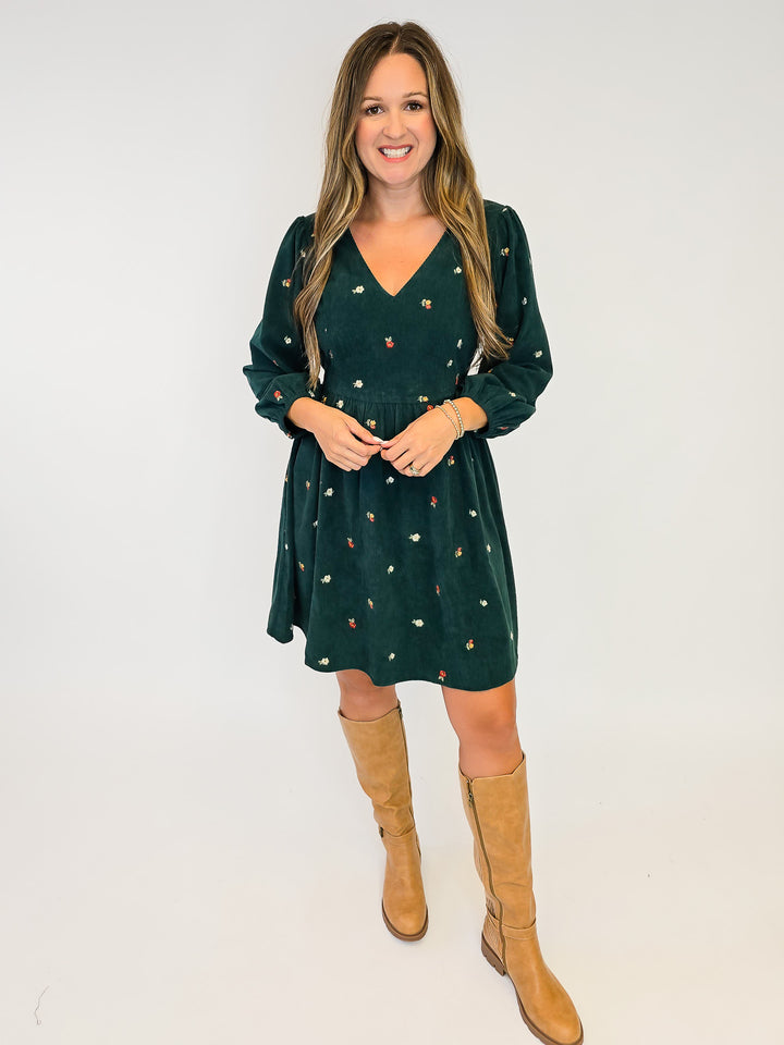 EMBROIDERED CORDUROY SHORT DRESS - HUNTER GREEN