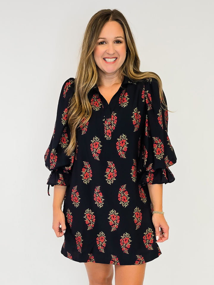 FLORAL PRINT PUFF SLEEVE SHORT DRESS - BLACK