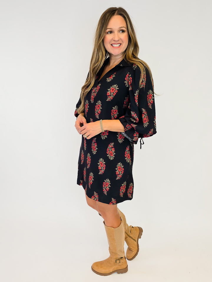 FLORAL PRINT PUFF SLEEVE SHORT DRESS - BLACK