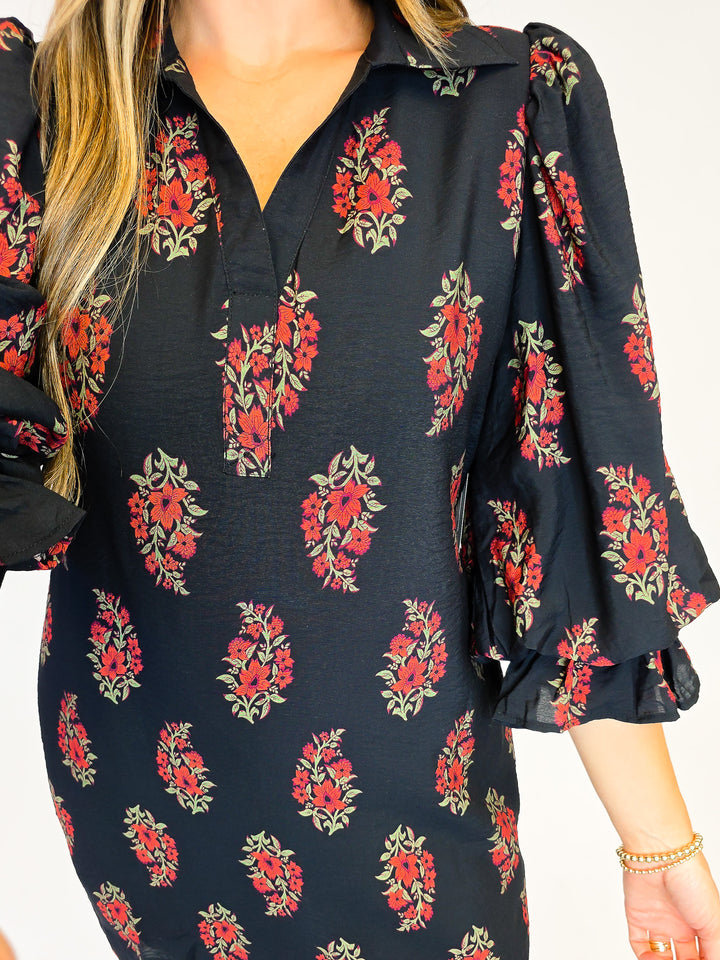 FLORAL PRINT PUFF SLEEVE SHORT DRESS - BLACK
