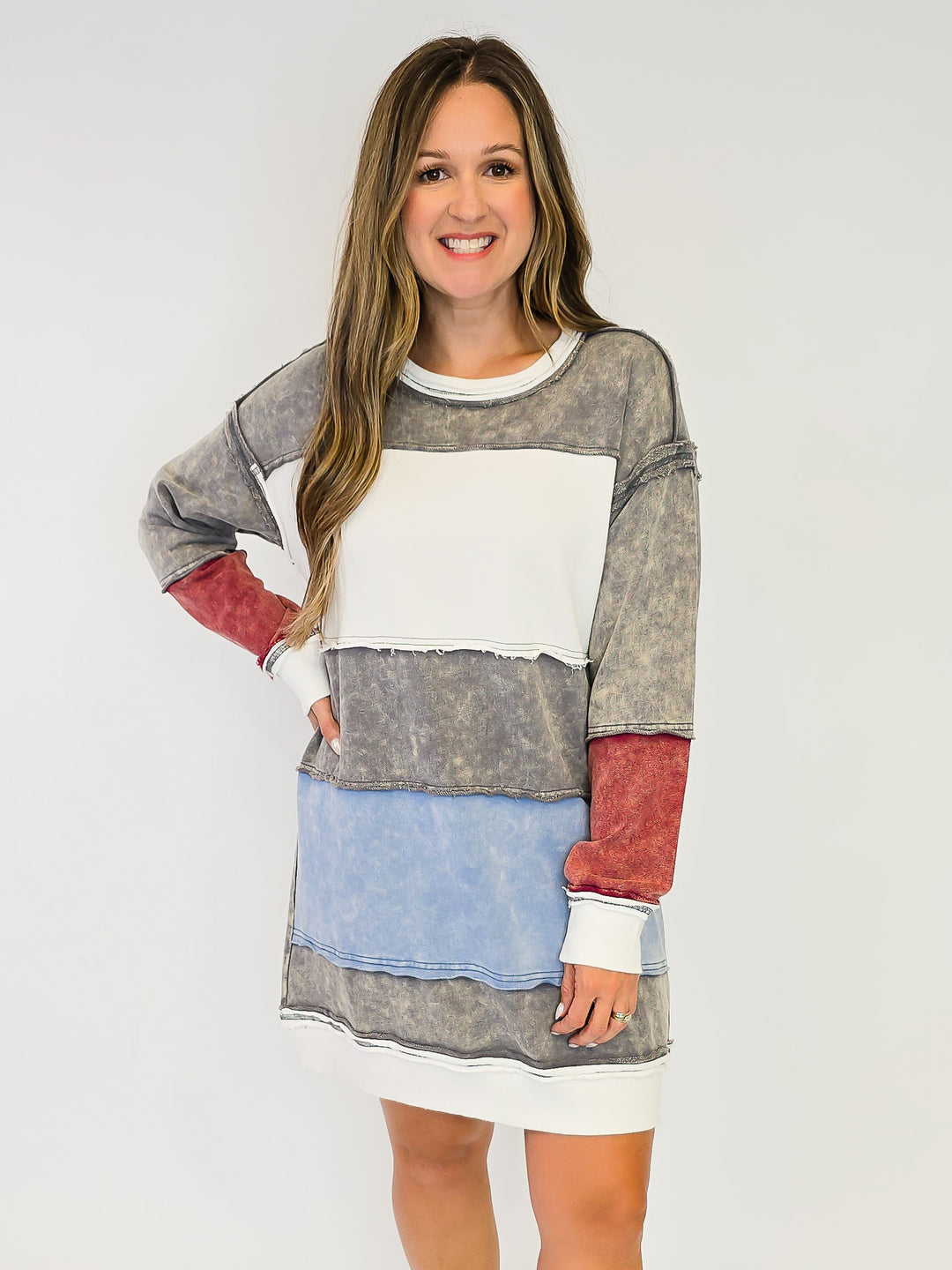COLOR BLOCK LONG SWEATSHIRT DRESS- CHARCOAL MIX