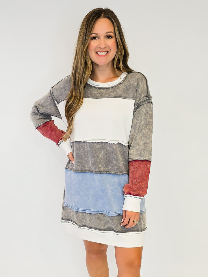 COLOR BLOCK LONG SWEATSHIRT DRESS- CHARCOAL MIX
