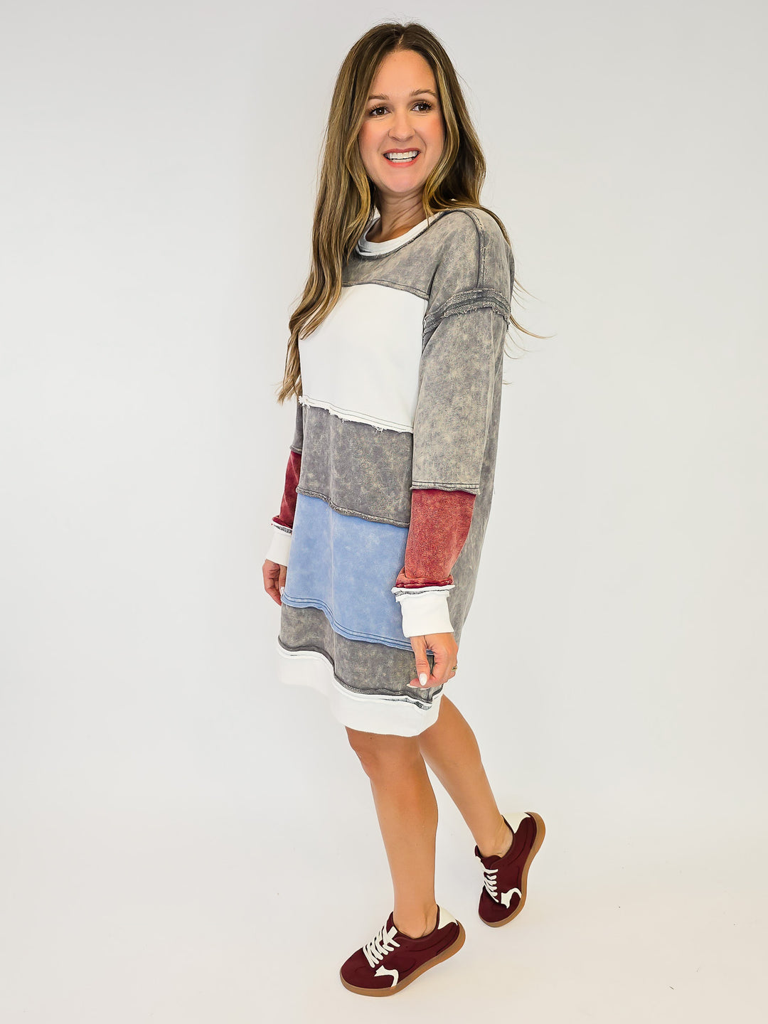 COLOR BLOCK LONG SWEATSHIRT DRESS- CHARCOAL MIX