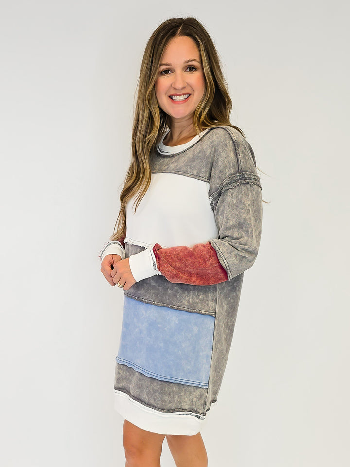 COLOR BLOCK LONG SWEATSHIRT DRESS- CHARCOAL MIX