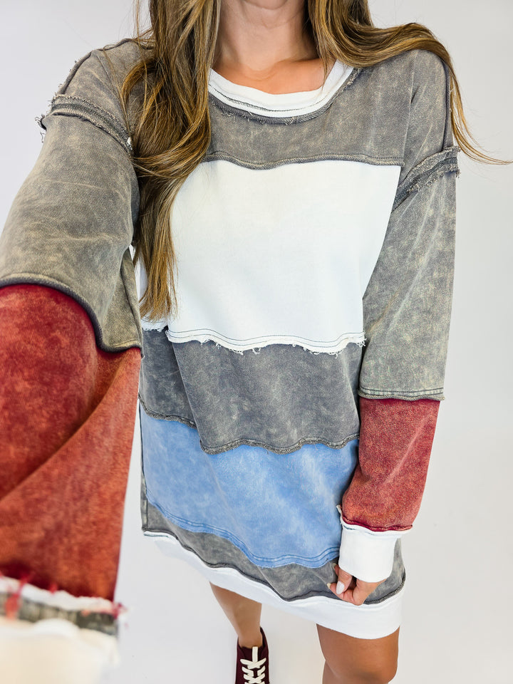 COLOR BLOCK LONG SWEATSHIRT DRESS- CHARCOAL MIX