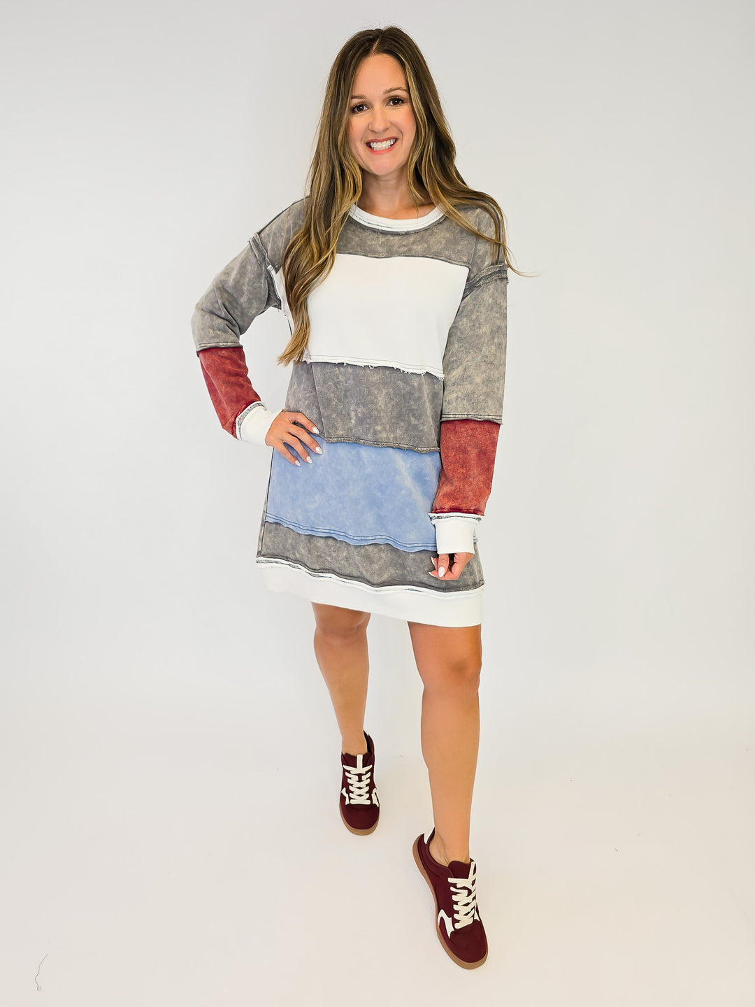COLOR BLOCK LONG SWEATSHIRT DRESS- CHARCOAL MIX