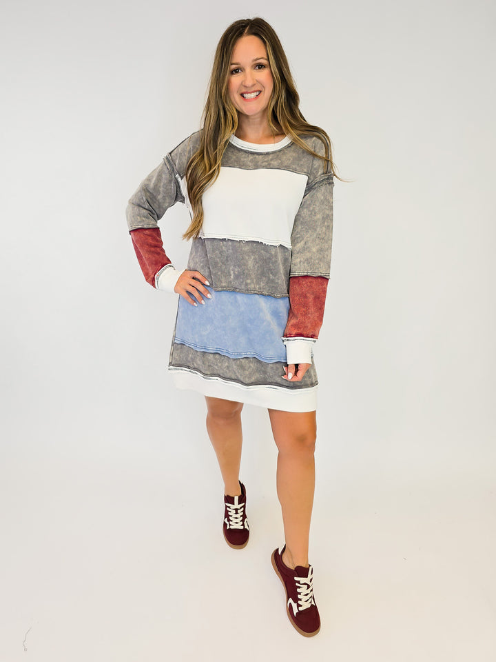 COLOR BLOCK LONG SWEATSHIRT DRESS- CHARCOAL MIX