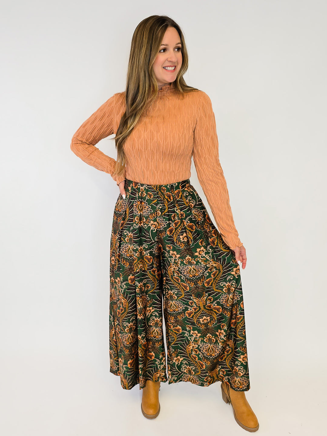 FLORAL PRINT WIDE LEG PALAZZO PANTS - OLIVE MIX