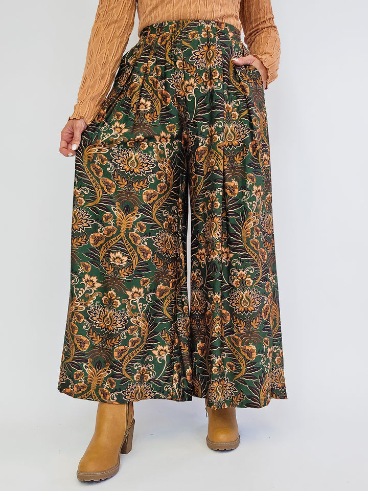 FLORAL PRINT WIDE LEG PALAZZO PANTS - OLIVE MIX