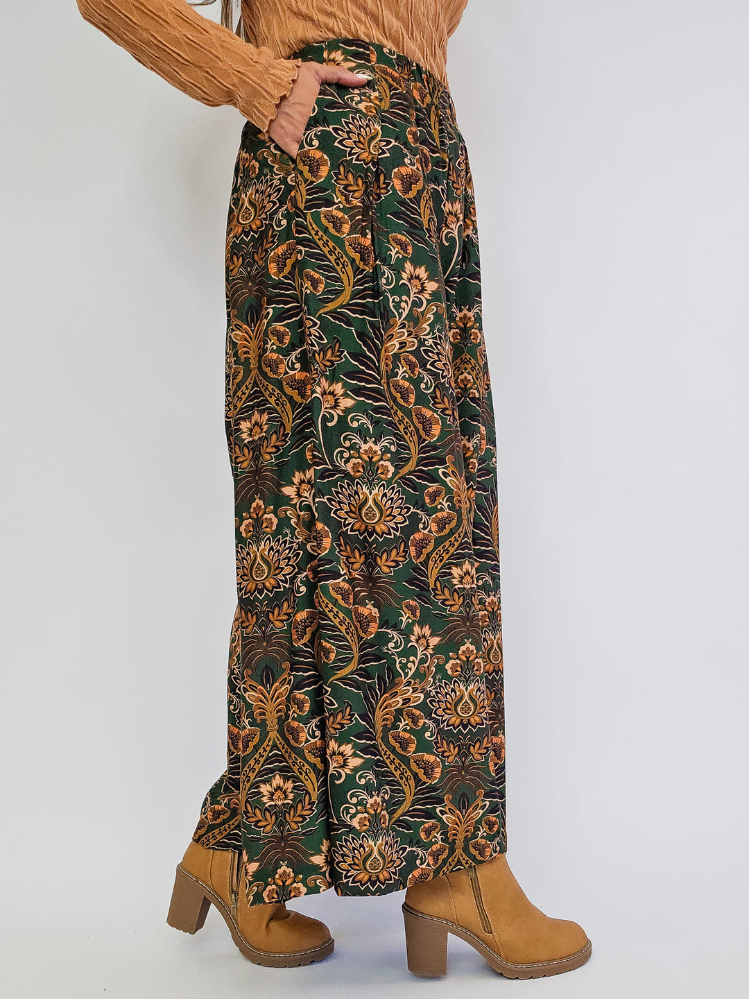 FLORAL PRINT WIDE LEG PALAZZO PANTS - OLIVE MIX