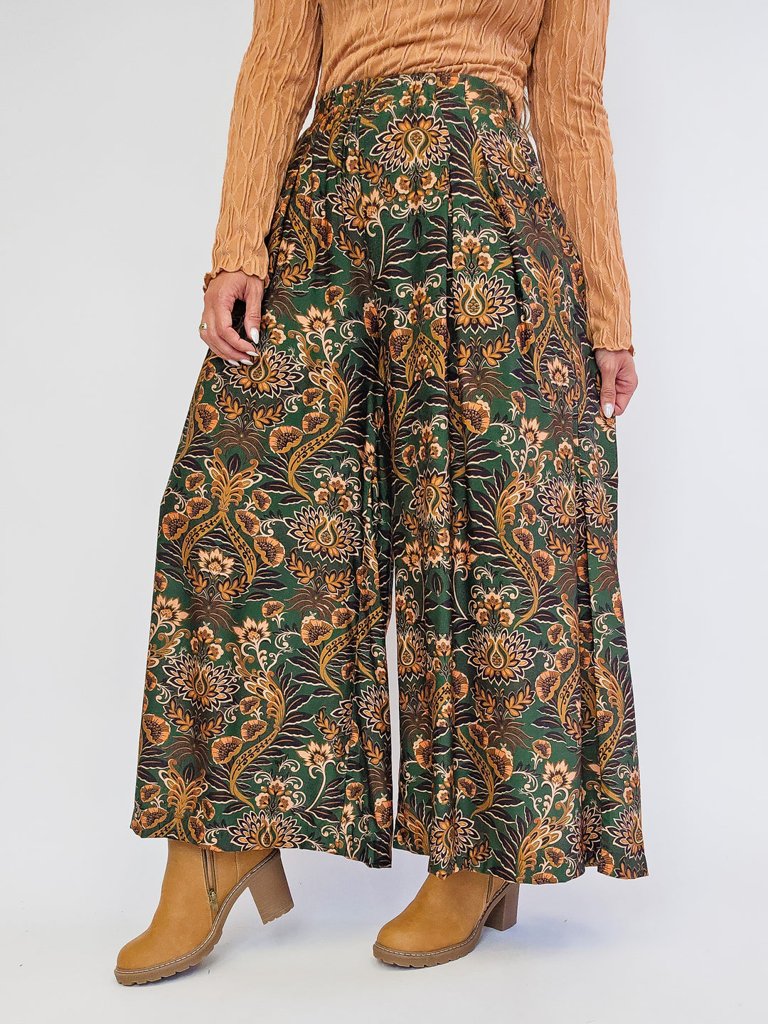FLORAL PRINT WIDE LEG PALAZZO PANTS - OLIVE MIX
