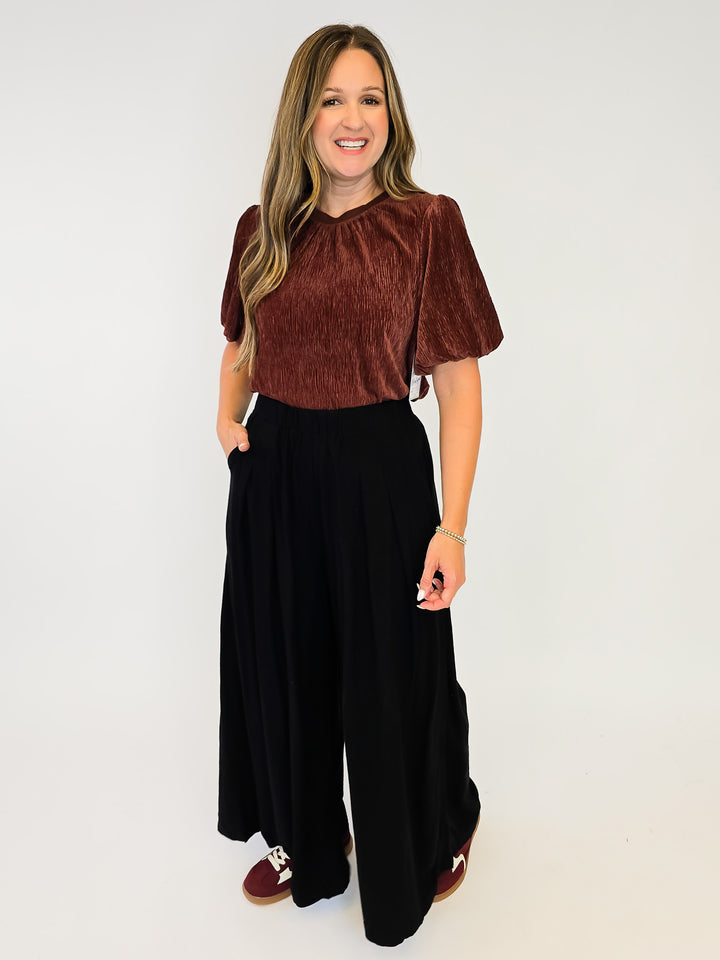 HIGH WAIST WIDE LEG PALAZZO LINEN PANTS - BLACK