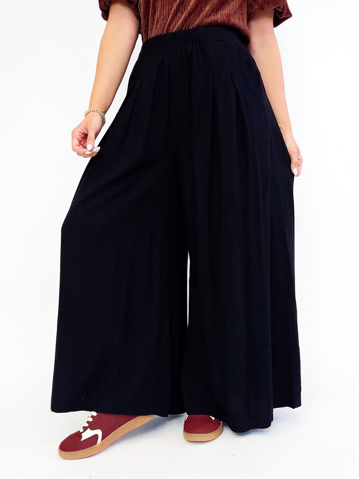 HIGH WAIST WIDE LEG PALAZZO LINEN PANTS - BLACK