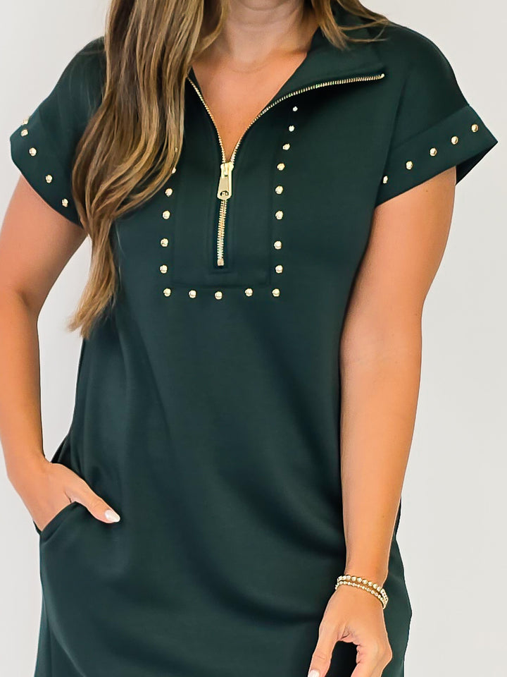 COLLARED CAP SLEEVE SHORT DRESS W/STUD DETAIL - DARK GREEN