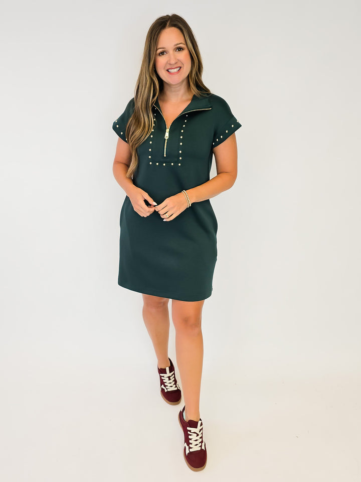 COLLARED CAP SLEEVE SHORT DRESS W/STUD DETAIL - DARK GREEN