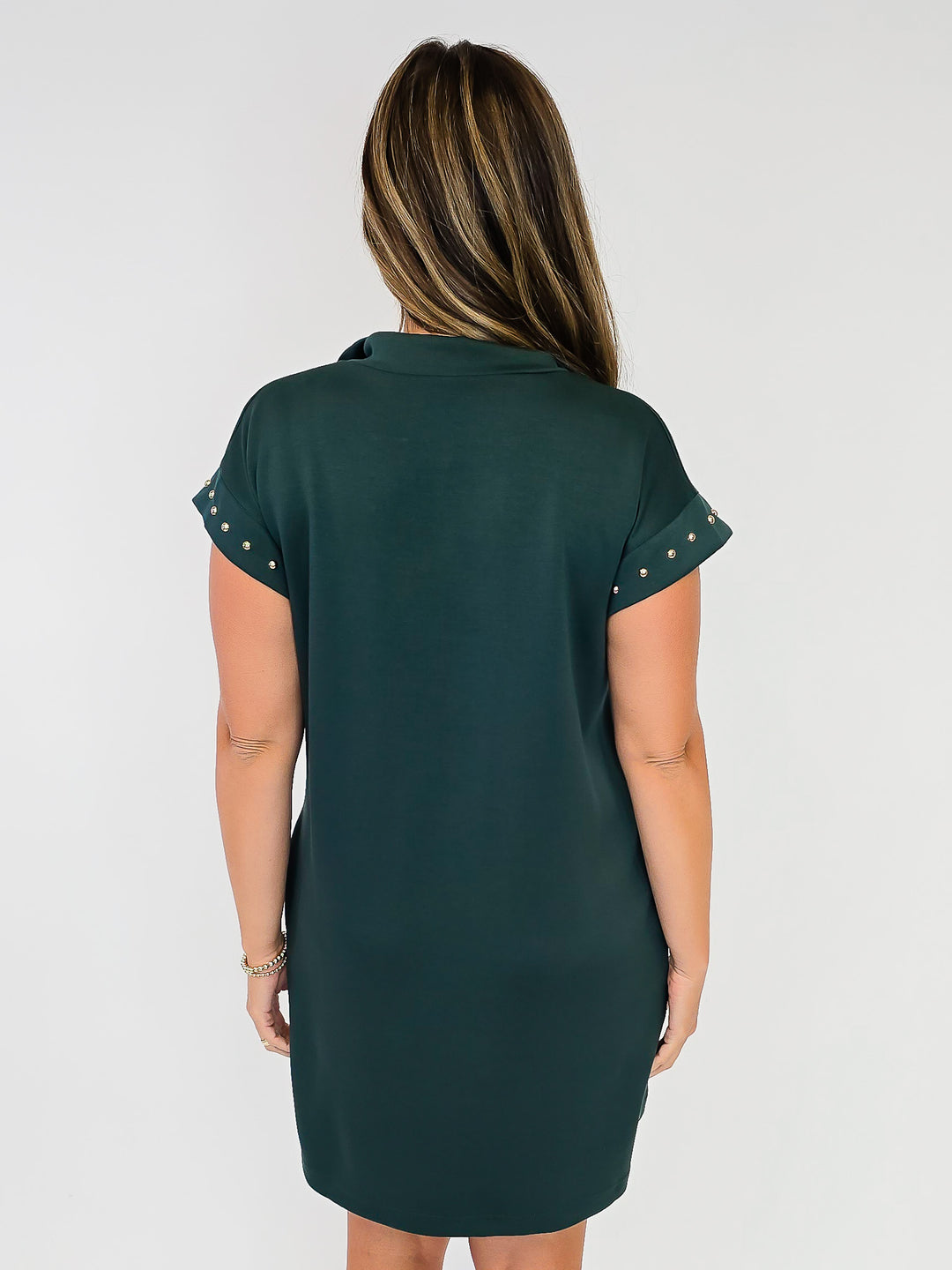 COLLARED CAP SLEEVE SHORT DRESS W/STUD DETAIL - DARK GREEN