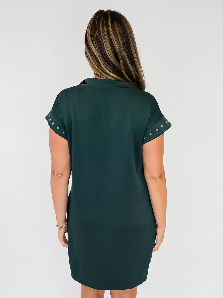 COLLARED CAP SLEEVE SHORT DRESS W/STUD DETAIL - DARK GREEN