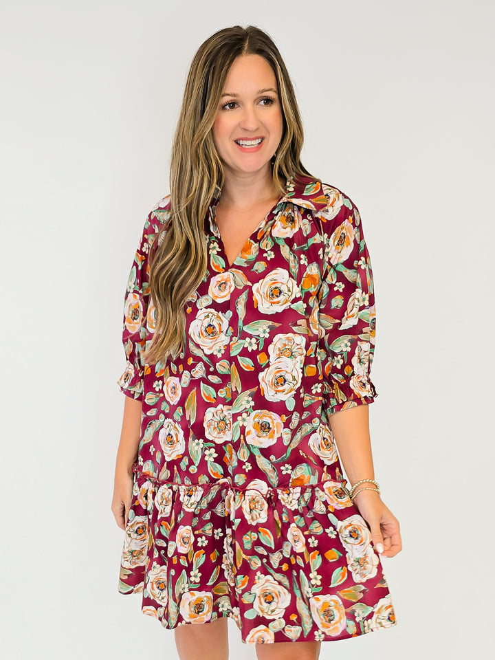 FLORAL DROP WAIST SHIRT DRESS - BURGUNDY