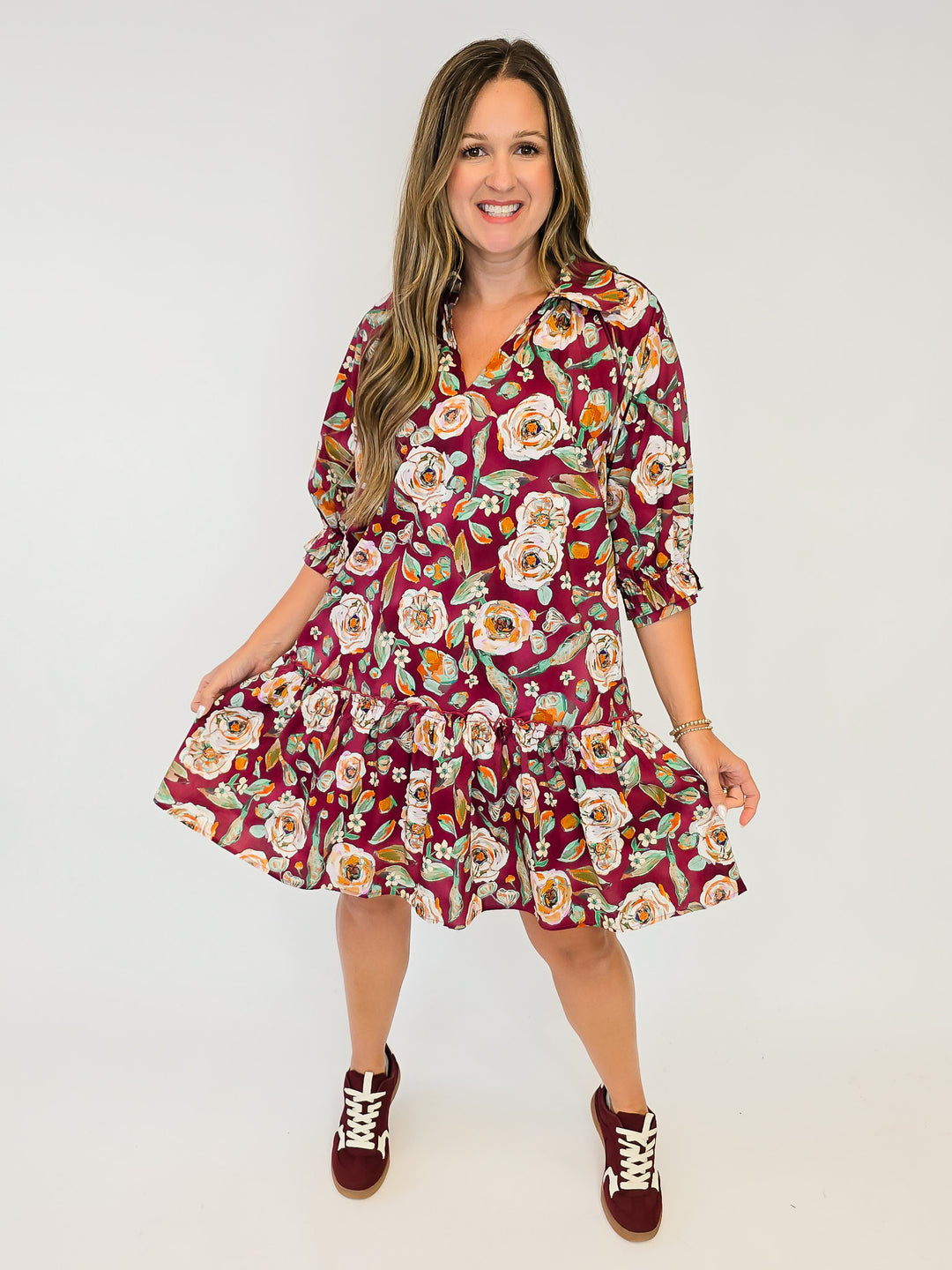 FLORAL DROP WAIST SHIRT DRESS - BURGUNDY