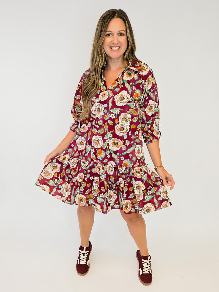 FLORAL DROP WAIST SHIRT DRESS - BURGUNDY