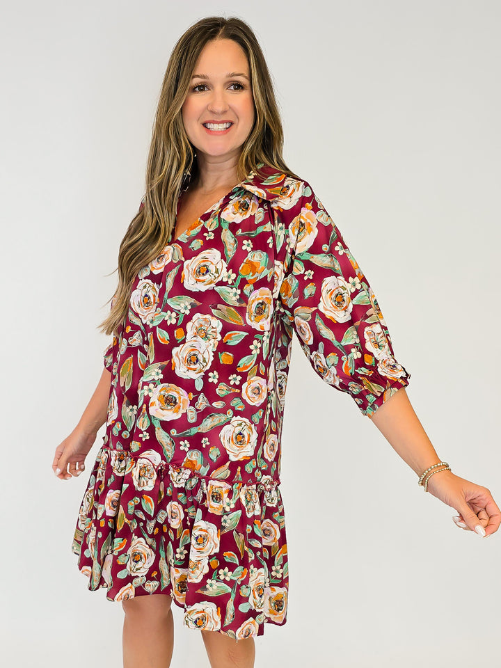 FLORAL DROP WAIST SHIRT DRESS - BURGUNDY