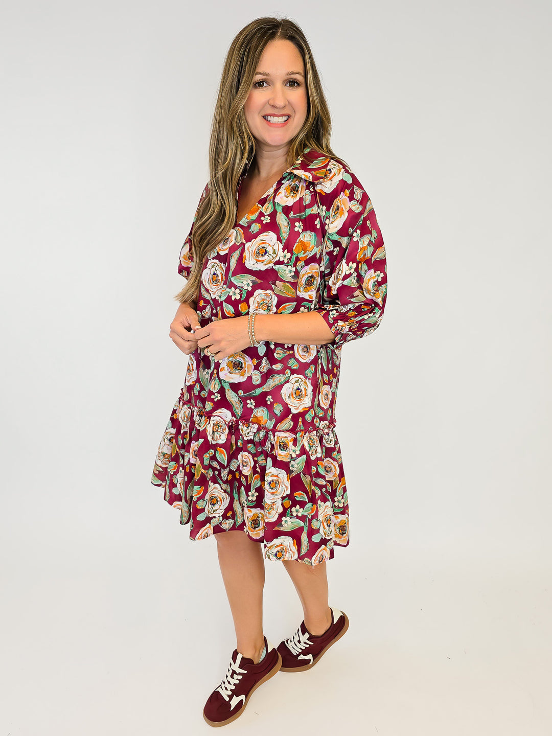 FLORAL DROP WAIST SHIRT DRESS - BURGUNDY