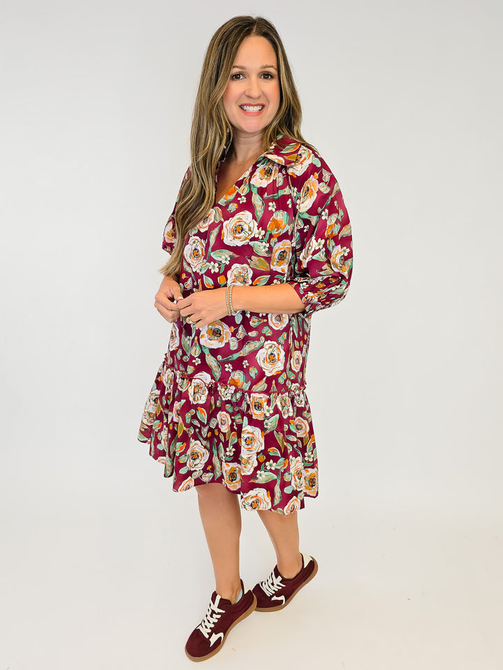 FLORAL DROP WAIST SHIRT DRESS - BURGUNDY