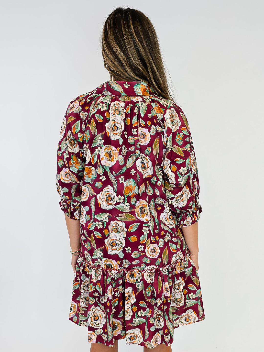 FLORAL DROP WAIST SHIRT DRESS - BURGUNDY