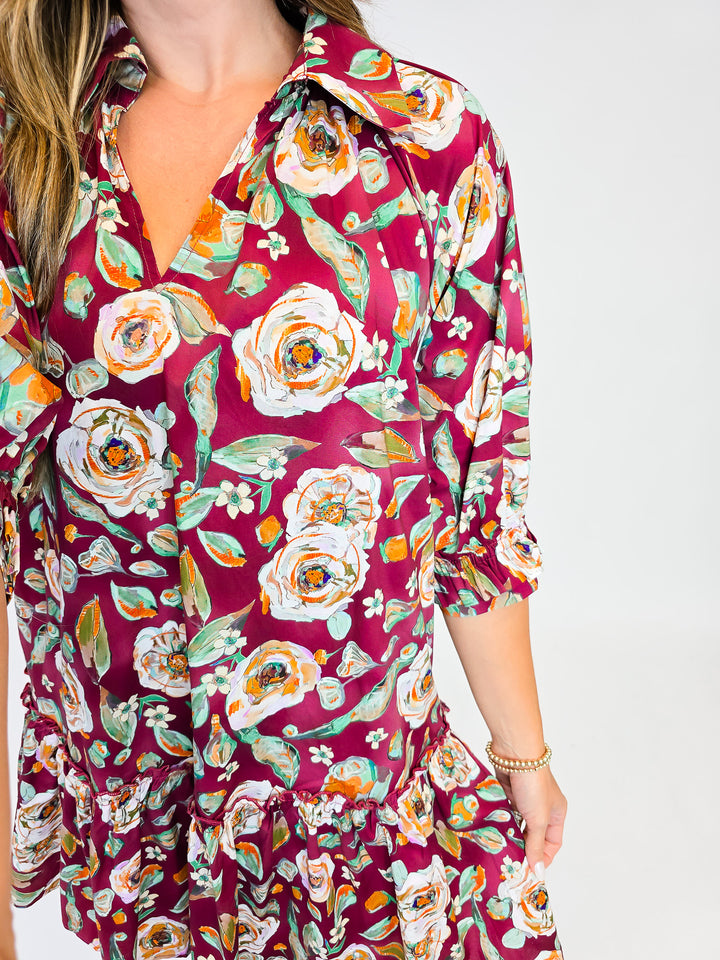 FLORAL DROP WAIST SHIRT DRESS - BURGUNDY