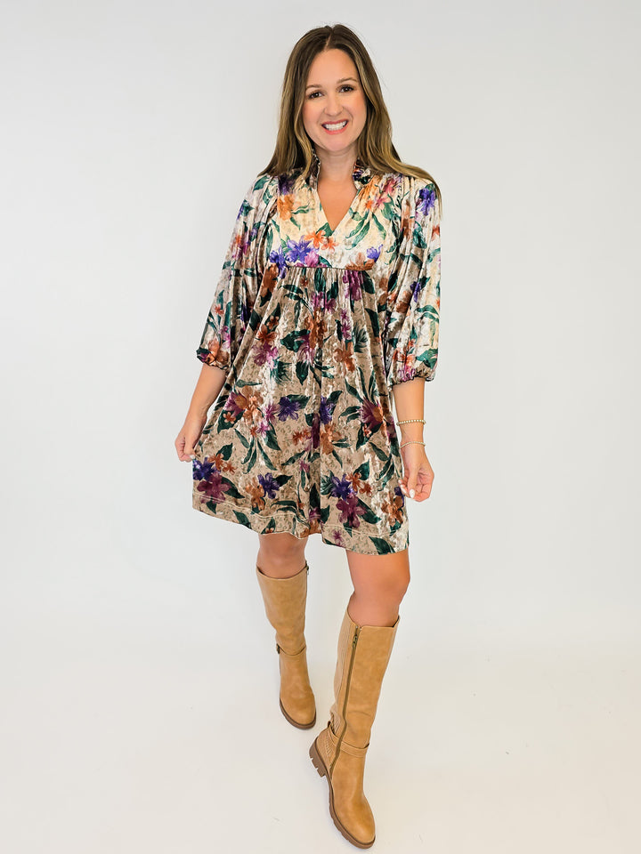 VELVET FLORAL PRINT BALLOON SLEEVE SHORT DRESS - TAN/DARK GREEN MIX