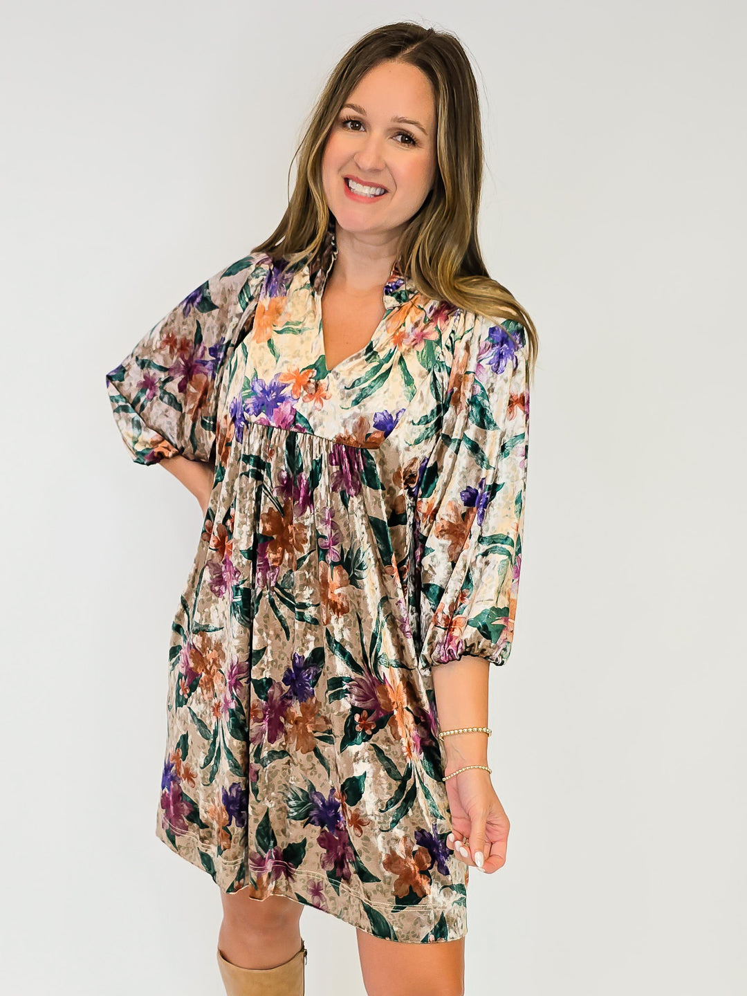 VELVET FLORAL PRINT BALLOON SLEEVE SHORT DRESS - TAN/DARK GREEN MIX