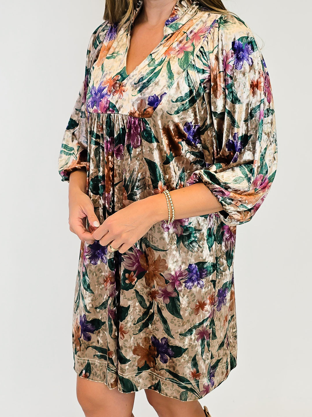 VELVET FLORAL PRINT BALLOON SLEEVE SHORT DRESS - TAN/DARK GREEN MIX