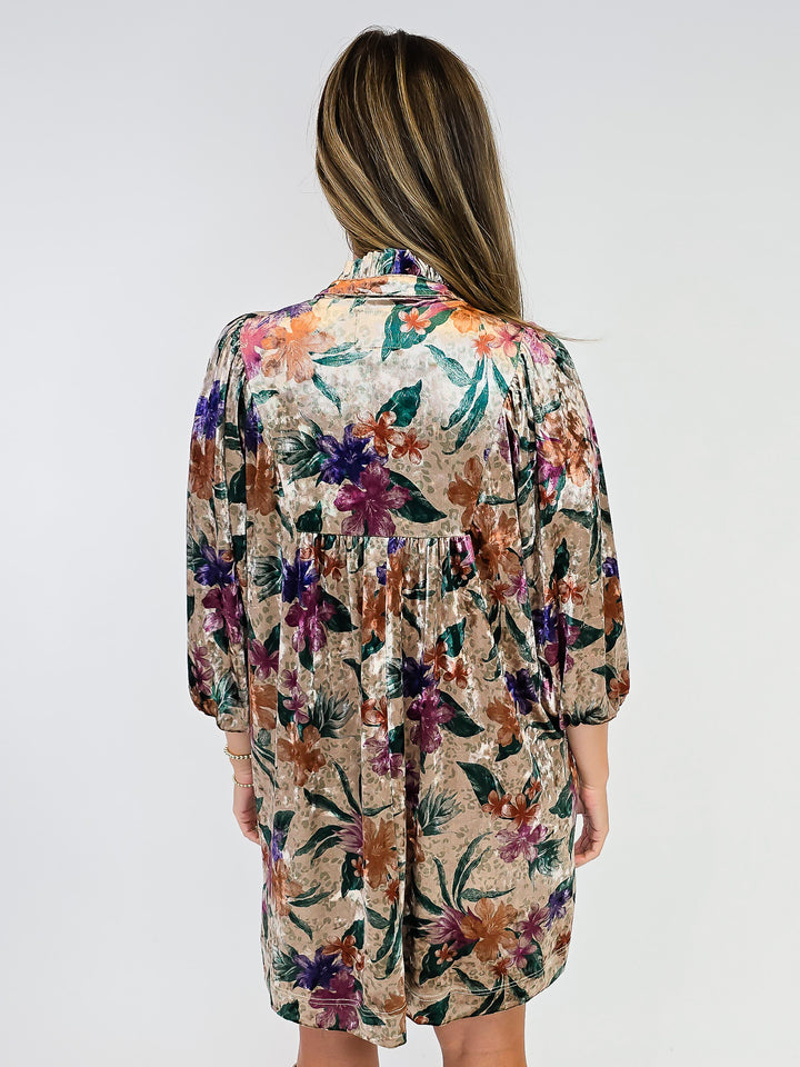 VELVET FLORAL PRINT BALLOON SLEEVE SHORT DRESS - TAN/DARK GREEN MIX