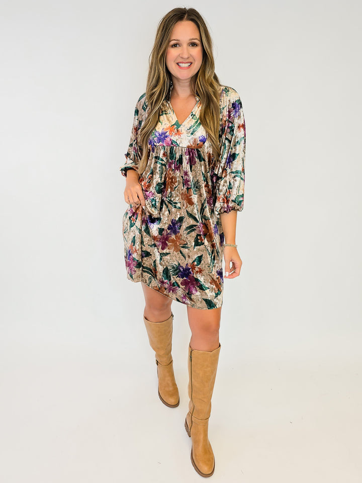 VELVET FLORAL PRINT BALLOON SLEEVE SHORT DRESS - TAN/DARK GREEN MIX