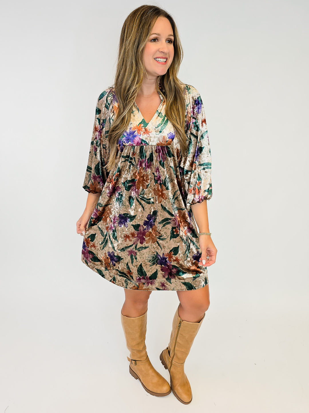 VELVET FLORAL PRINT BALLOON SLEEVE SHORT DRESS - TAN/DARK GREEN MIX