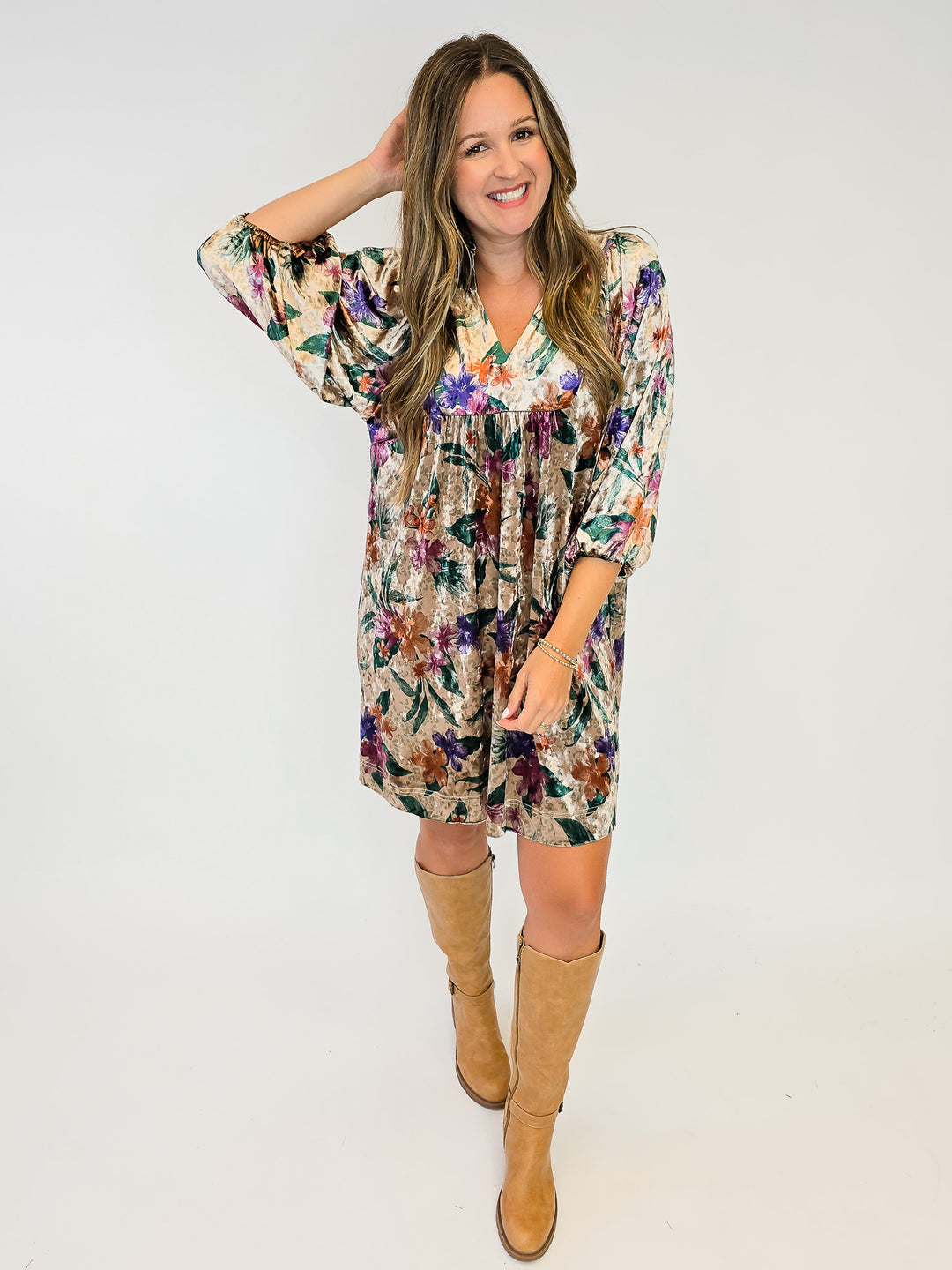 VELVET FLORAL PRINT BALLOON SLEEVE SHORT DRESS - TAN/DARK GREEN MIX